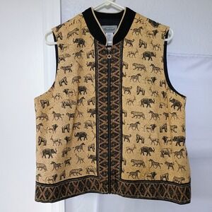 Stonebridge Linen Blend Zip Vest‎ Jungle Safari Animals Women's Size L Tan Black